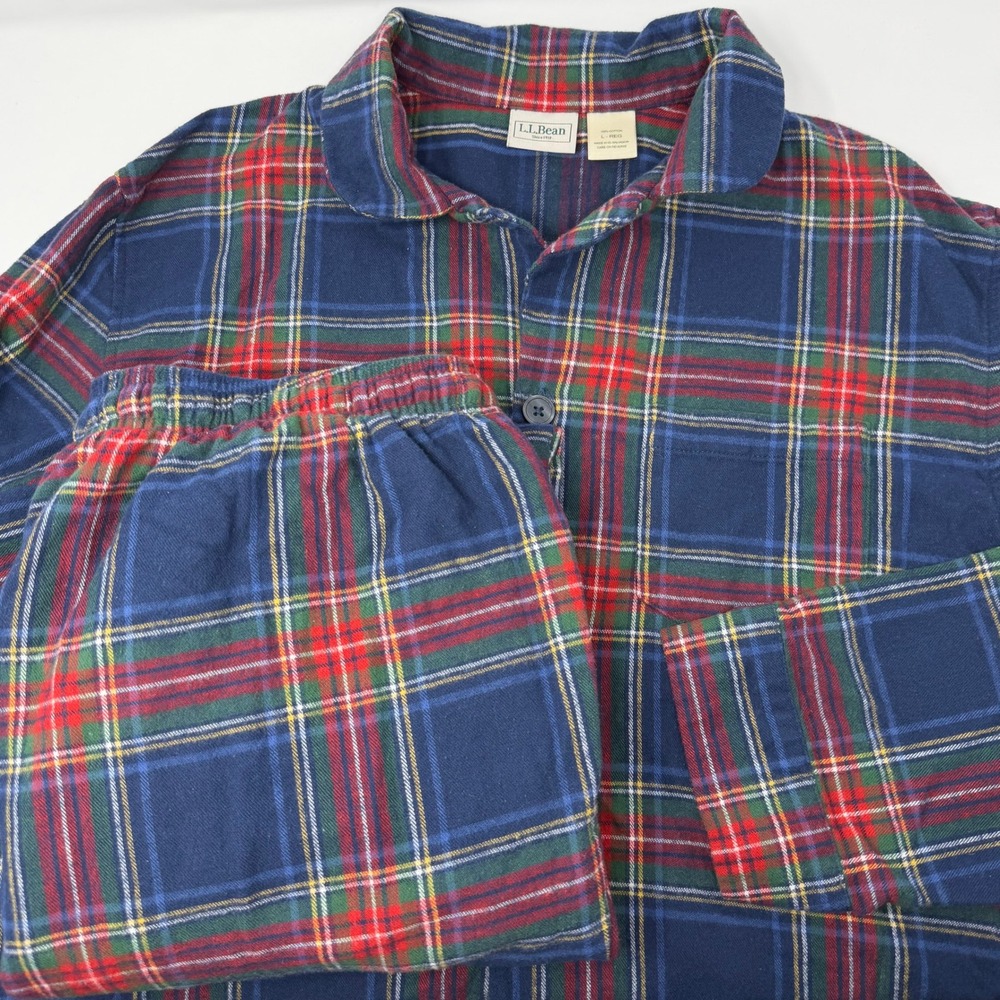 LL Bean Scotch Plaid Flannel Pajama Set Mens Large Navy Red Tartan PJs
